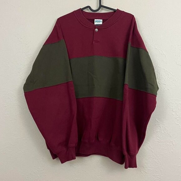 90s red green colorblock henley sweatshirt - Picture 2 of 7